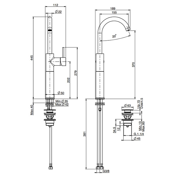 Fima Carlo Frattini смеситель для раковины, на 1 отв., с донным клапаном, spillo up, черный арт. f3041/hns