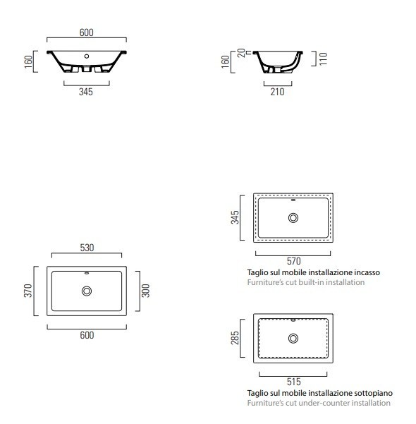 GSI Врезная сверху раковина 60х37 см, санфаянс, Kube-x - 895311