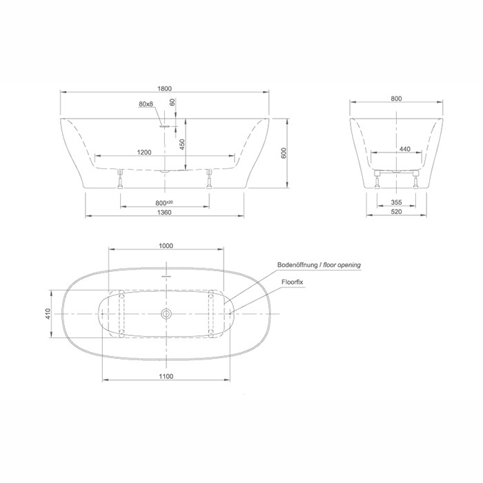 Knief ванна 180х80х60см., с щелевым переливом, Dream, 0100-251 0100-091-06 цвет: белый