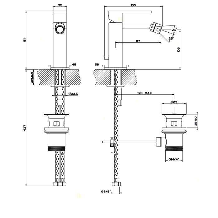 Gessi Смеситель для биде на 1 отверстие, с донным клапаном, Rettangolo, 20007#031 цвет: хром