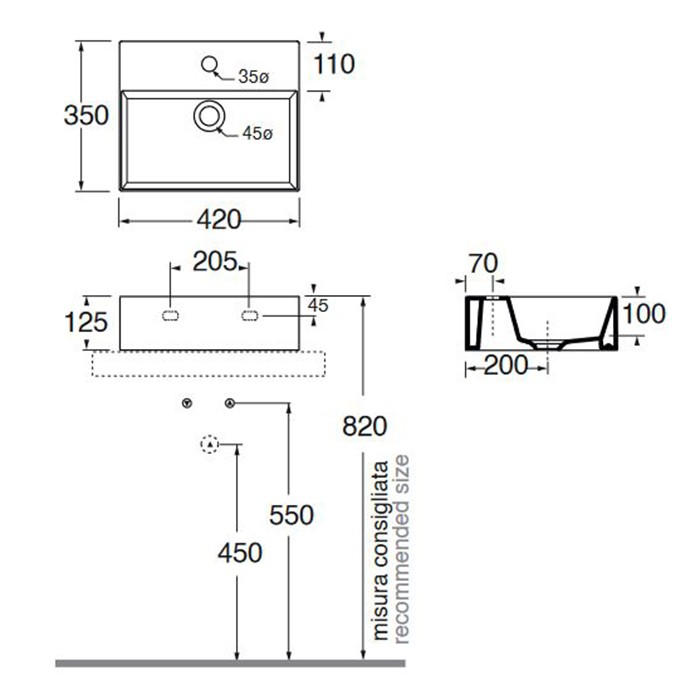 Azzurra раковина 42х35х12.5см., подвесная/накладная, 1 отв., Azzurra, ELLP042350QM*1 цвет: белый