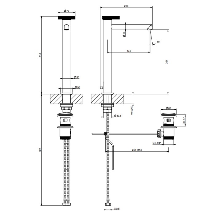 Gessi Смеситель для раковины, на 1 отв., высокий с длинным изливом, с донным клапаном, Anello, 63305#299 цвет: black xl