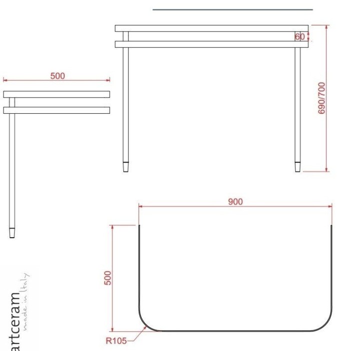 Консоль металлическая для настольных раковин 45/65 см со столешницей, хром/белый лакирован, Art Ceram AZULEY арт. AZA003 71 01