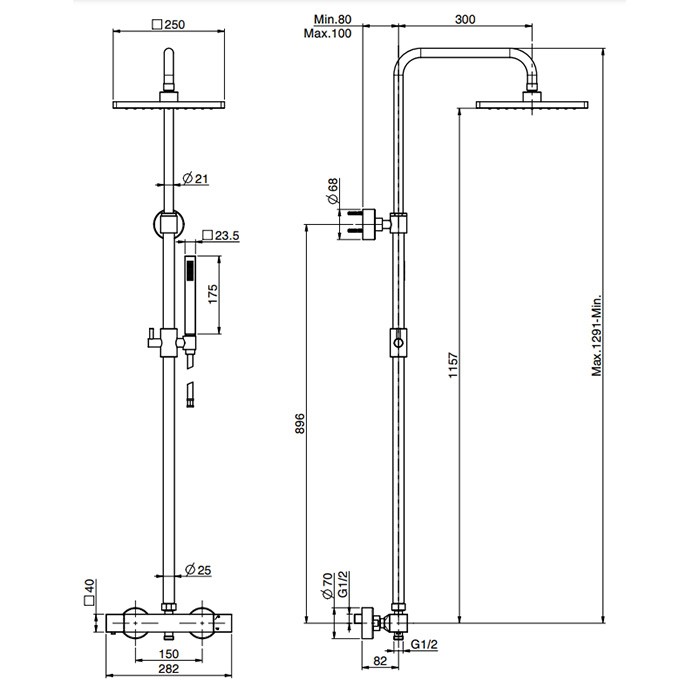 Fima Carlo Frattini душевая стойка, верхний душ 25х25см., с термостатическим смесителем, держателем и ручным душем colonne doccia, золото арт. f4255/q255or