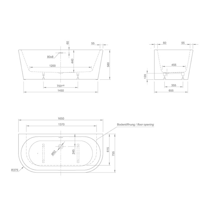 Knief ванна пристенная 165x75х58см., с щелевым переливом, без сл-перелива, Wall, 0100-255 0100-091-06 цвет: белый
