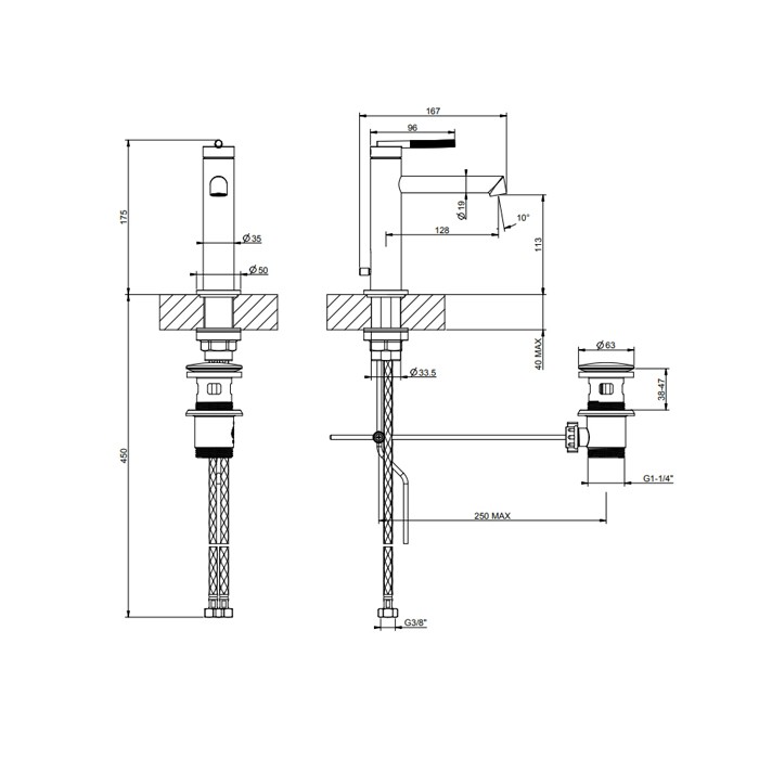 Gessi Смеситель для раковины, 1 отв., с донным клапаном и соединительными шлангами, Ingranaggio, 63501#299 цвет: black xl