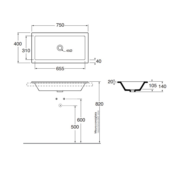 Azzurra раковина 75х40см., встраиваемая без отв-я., Azzurra, THLI07540000BI/(THI75/IN bi)*0 цвет: белый