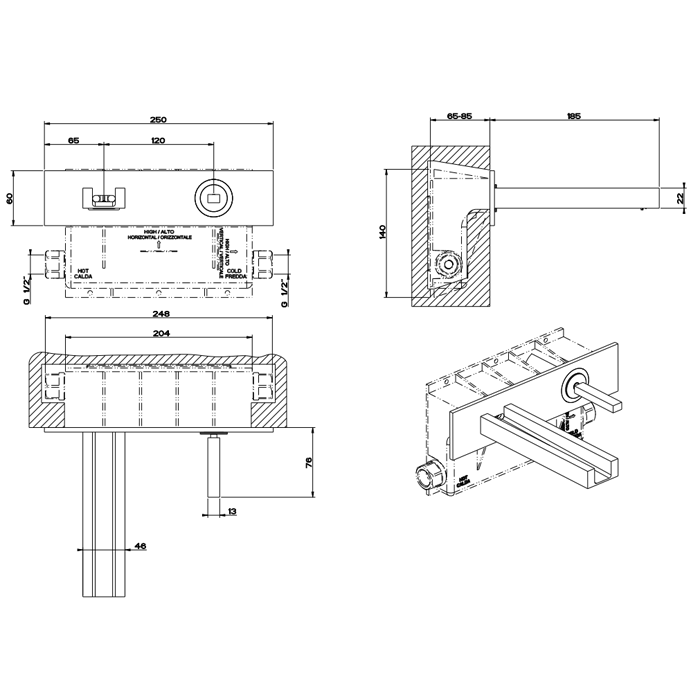 Gessi Встраиваемый смеситель для раковины, рукоятка "джойстик", излив 185мм, Rettangolo, 30994#031 цвет: хром