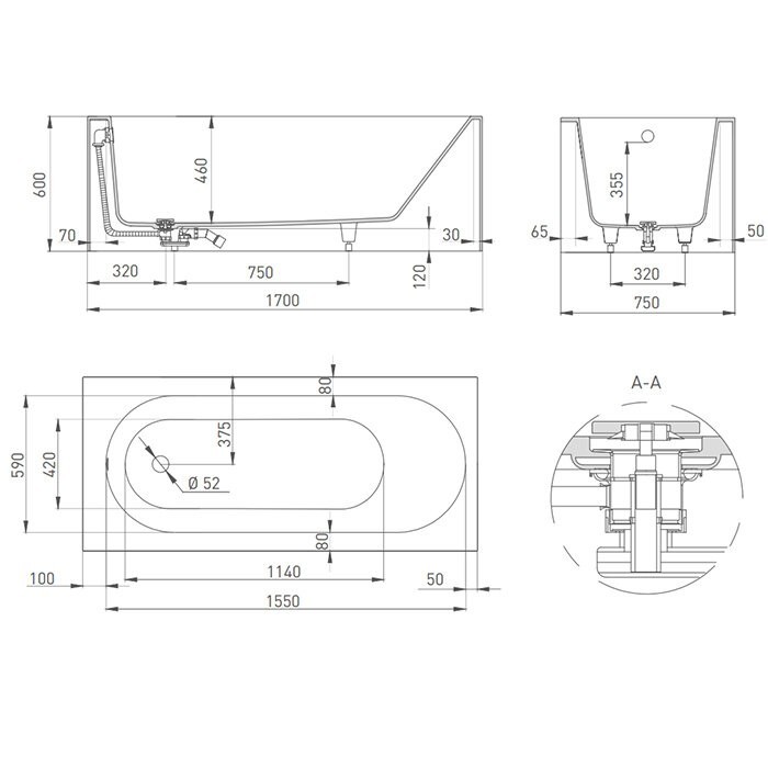 Salini ванна пристенная 170x75, fabia, 102611mrf цвет: матовый белый