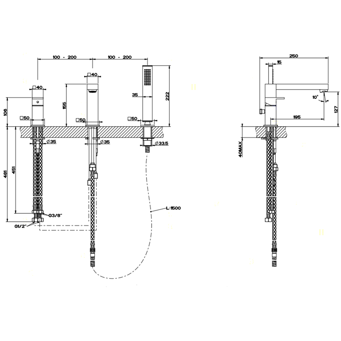 Gessi Смеситель для ванны на 3 отверстия, с переключателем, изливом 195мм и ручным душем, Rettangolo, 20037#031 цвет: хром