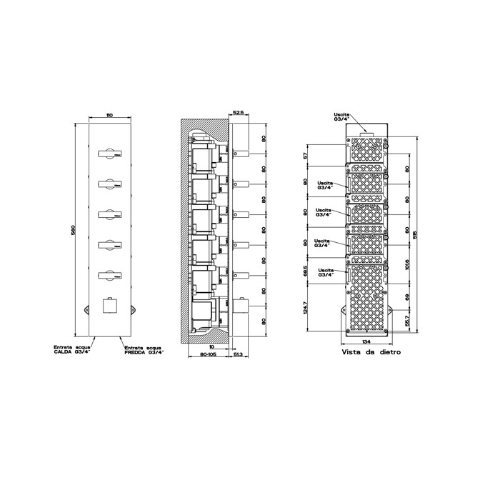 Gessi Смеситель для душа, встраиваемый, термостатический, подключение на 3/4”, с 5ю независимыми выходами, Rettangolo, 43030#299 цвет: black xl