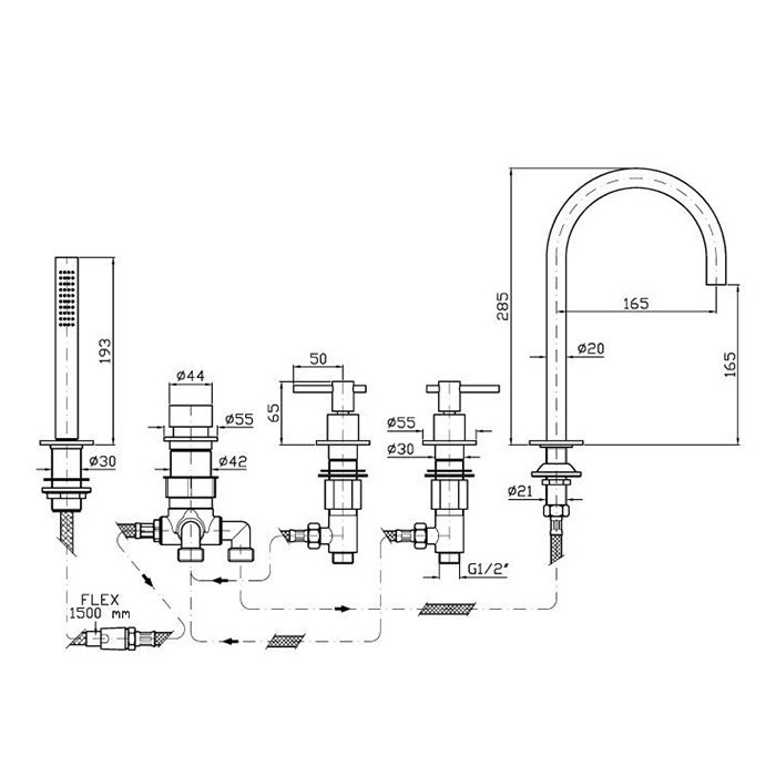 Zucchetti смеситель на борт ванны, на 5 отв., с ручным душем, ручка: рычаг, helm, нержавеющая сталь арт. zhl511.x