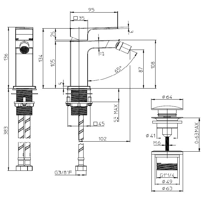 Bossini однорычажный смеситель для биде с донным клапаном, gillo, черный арт. z00705.073