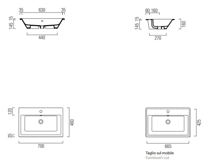 GSI Врезная сверху раковина 70х46 см, с переливом, санфаянс, с отв. под смеситель, Kube-x - 9437111