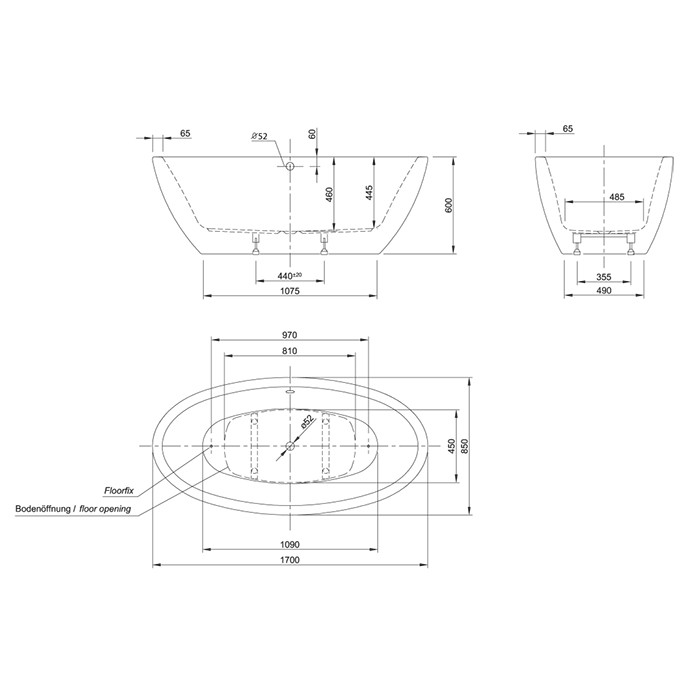 Knief ванна 170х85х60см., отдельностоящая, без слива-перелива, c комплектом крепления к полу, Loom XS, 0100-258-06 0100-091-06S WG цвет: белый