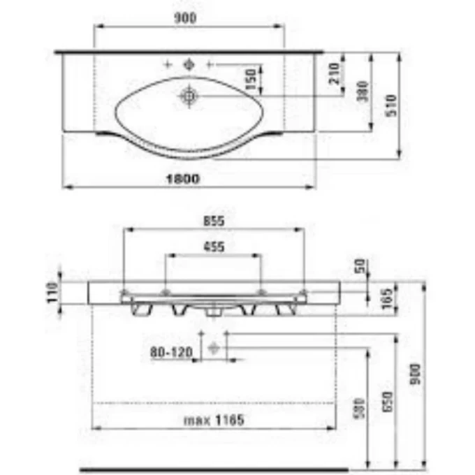 LAUFEN раковина 180 см c отверстием для смесителя, PALACE - 8.1170.8.000.104.1