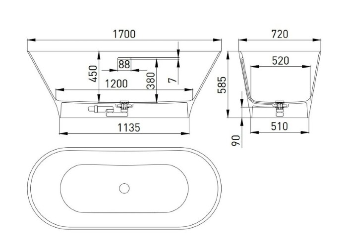 Salini ванна отдельностоящая 170x72, mona, 102912grf цвет: глянцевый белый