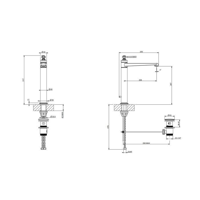 Gessi Смеситель для раковины на 1 отверстие, однорычажный, высокий, в комплекте с донным клапаном, Venti20, 65003#299 цвет: черный