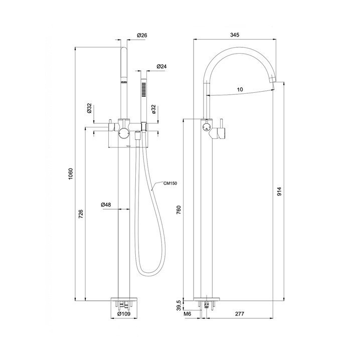 Смеситель напольный однорычажный для ванны с ручной лейкой, внешняя часть, Almar VASCA, E216000.NB цвет: никель брашированный