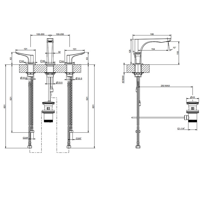 Gessi Смеситель для раковины на 3 отв. с донным клапаном h=125мм, излив 154мм, Rilievo, 59011#299 цвет: nero xl