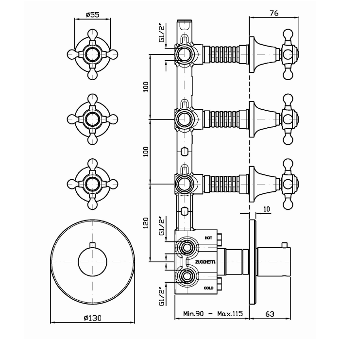 Zucchetti встроенный термостатический смеситель с 3 запорными клапанами, agora, хром арт. zag661 r97822