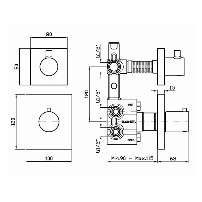 Zucchetti встроенный термостатический смеситель, 1/2”, с запорным клапаном, pan, хром арт. zp8659 r97820