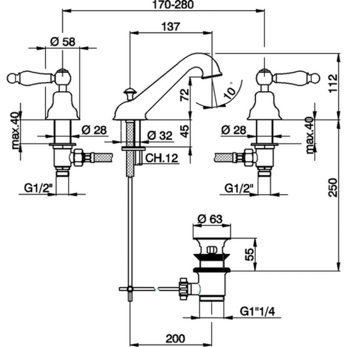 Cisal смеситель для раковины на 3 отв. с донным клапаном ts00102027 arcana toscana, цвет: бронза