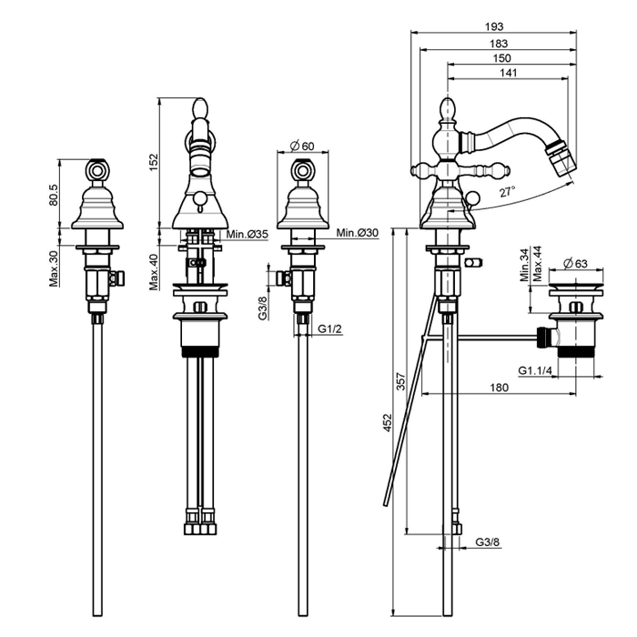 Fima Carlo Frattini смеситель для биде на 3 отверстия, epoque, бронза арт. f5052br