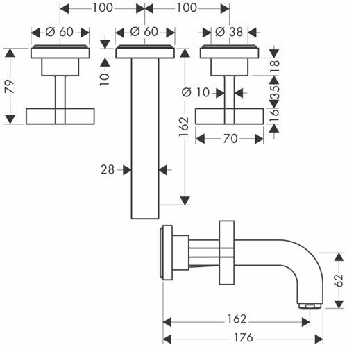 AXOR смеситель для раковины, на 3 отверстия, скрытого монтажа, с изливом 162 мм, с крестообразными рукоятками, с отдельными розетками, Citterio, хром арт. 39313000
