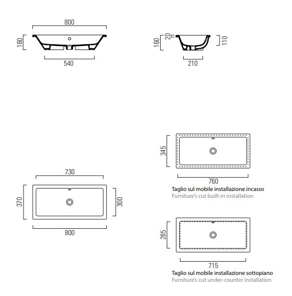 GSI Врезная сверху раковина 80х37 см, extraglaze, санфаянс, Kube-x - 895411