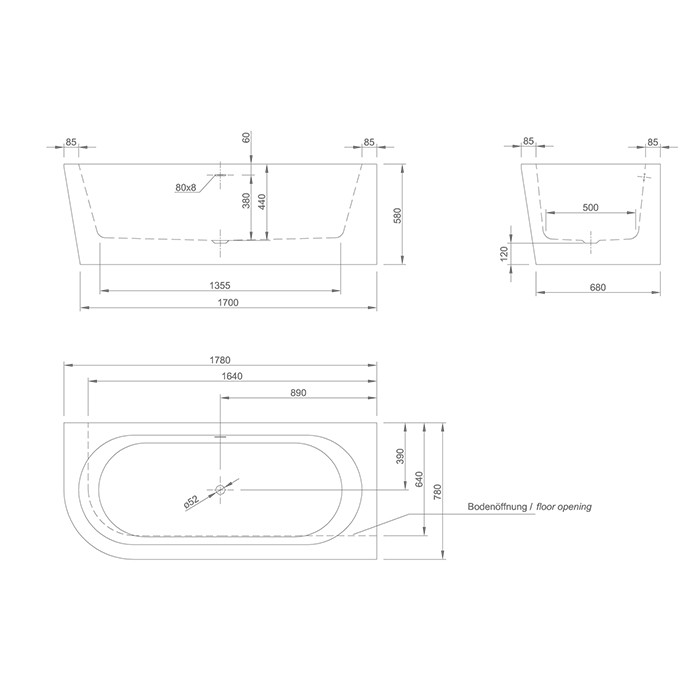 Knief ванна пристенная, 180х80х60см., с щелевым переливом, со слив-переливом, Wall Corner, 0100-277-L 0100-091-06 цвет: белый