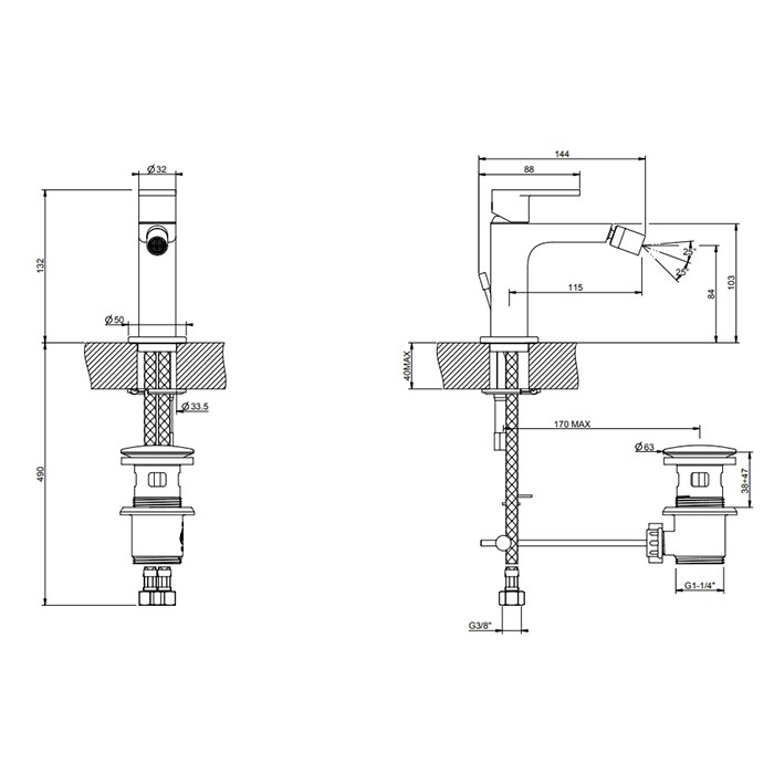 Gessi Смеситель для биде, на 1 отв, с донным клапаном, Emporio Via manzoni, 38607#149 цвет: finox brushed nickel