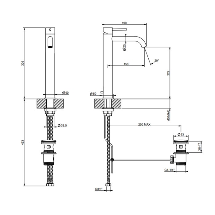 Gessi Смеситель для раковины, на 1 отв., высокий h=30.5cм, с донным клапаном, излив: 15.5cм, 316, 54003#299 цвет: black xl