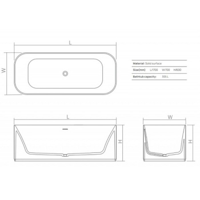 Ванна отдельностоящая из искусственного камня 170х70 см, DEA Design Soul, белый арт. DD8658 1700 18