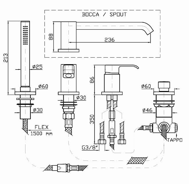 Zucchetti однорычажный смеситель на борт ванны на 4 отверстия, on, хром арт. zon455