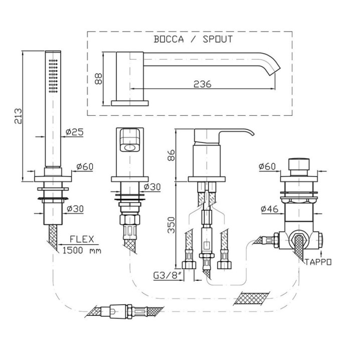 Zucchetti однорычажный смеситель на борт ванны на 4 отверстия, on, хром арт. zon455