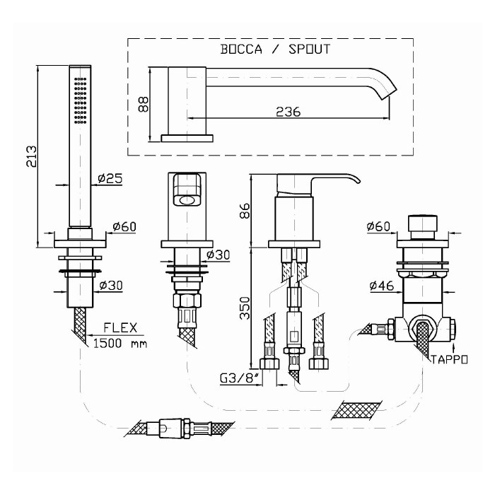 Zucchetti однорычажный смеситель на борт ванны на 4 отверстия, on, хром арт. zon455