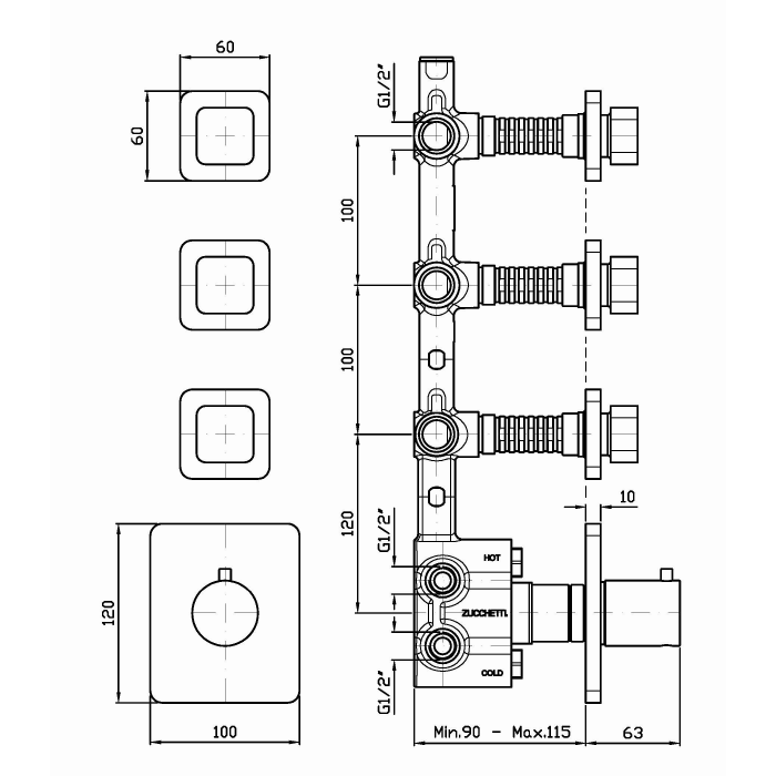 Zucchetti термостатический встроенный смеситель, с 3 запорными клапанами, soft, хром арт. zp7661 r97822