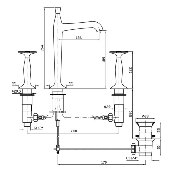 Zucchetti смеситель для раковины на 3 отверстия с высоким изливом, bellagio, хром арт. zb1426