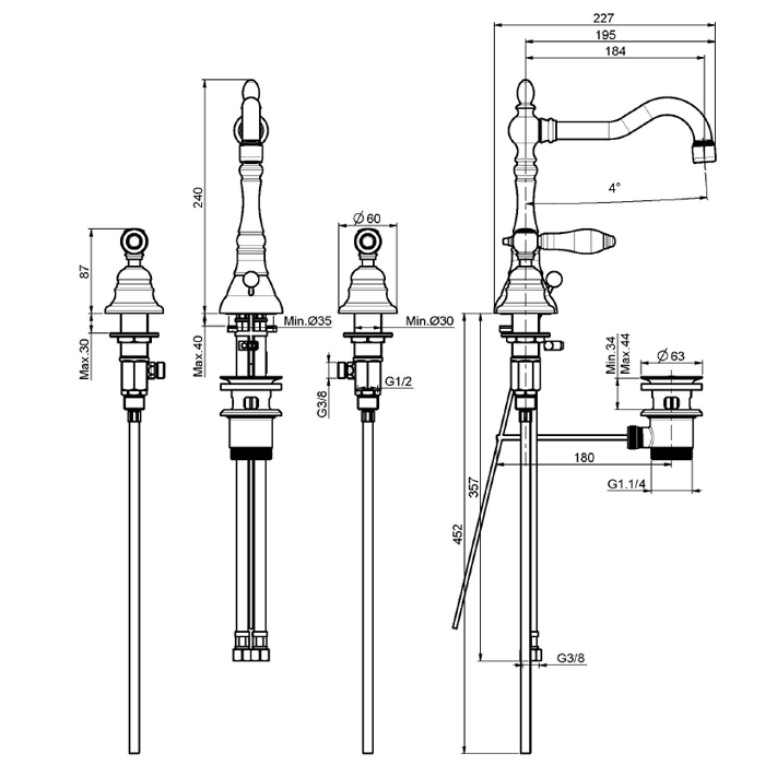 Fima Carlo Frattini смеситель на 3 отв. для раковины, herend, бронза арт. f5401br