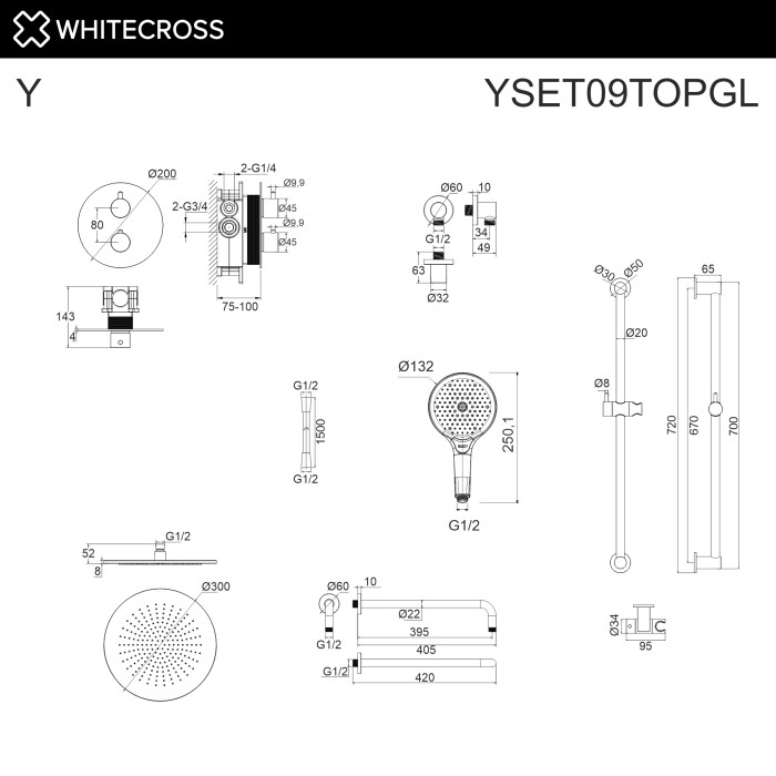 Термостатическая душевая система скрытого монтажа, Whitecross Y gold, золото арт. YSET09TOPGL
