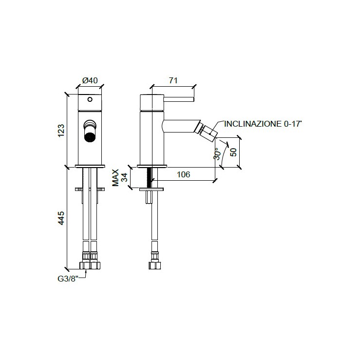 Смеситель для биде, 1 отв., без донного клапана, Almar Bidet, медь арт. E214003.CO