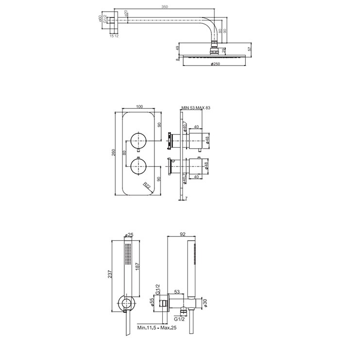 Fima Carlo Frattini душевая система, верхний душ 25см., со смесителем и ручным душем, на 2 источника sistemi doccia, хром арт. f4409or