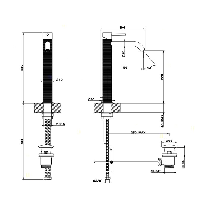 Gessi Смеситель однорычажный высокий с донным клапаном, Trame, 54303#239 цвет: шлифованная сталь