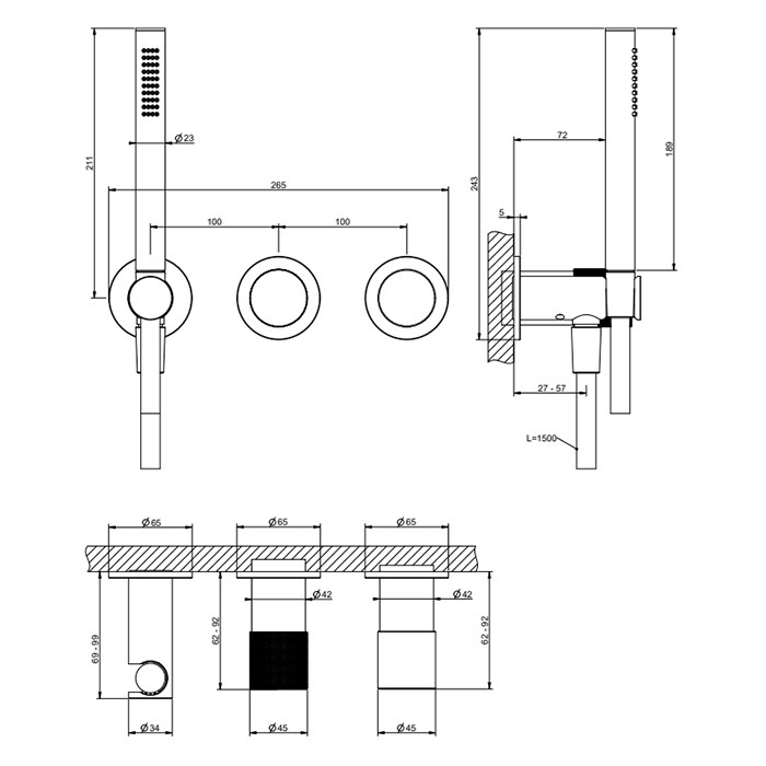 Gessi Смеситель для душа, настенный, с переключателем на 2 положения, с ручным душем, Habito Diamantao, 70638#706 цвет: black metal pvd