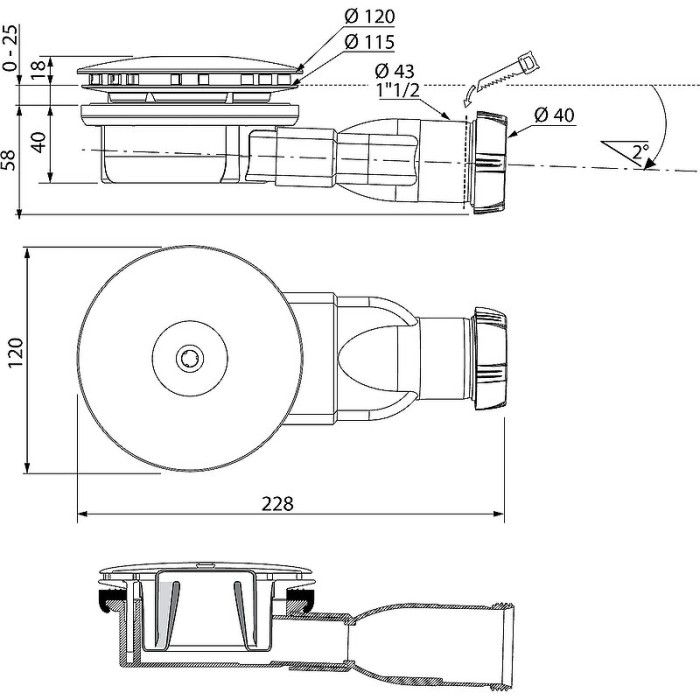 Radaway сифон для душевого поддона slim хром с мокрым затвором, Turboflow - R400