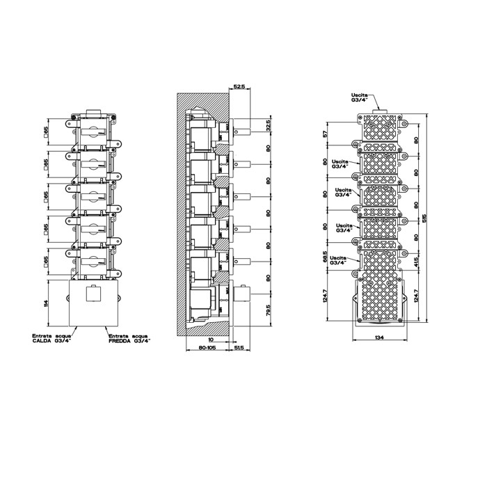Gessi Смеситель для душа, встраиваемый, термостатический, подключение на 3/4”, с 5ю независимыми выходами, Rettangolo, 43220#299 цвет: black xl