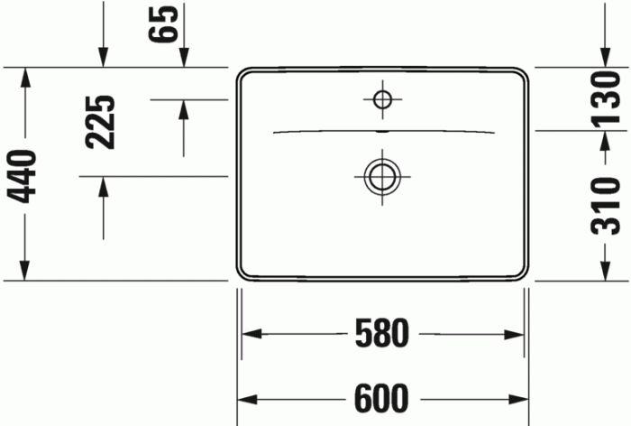Duravit раковина встраиваемая сверху 600 мм х 440 мм, с переливом, с отверстием под смеситель, d-neo, 0357600027 цвет: белый