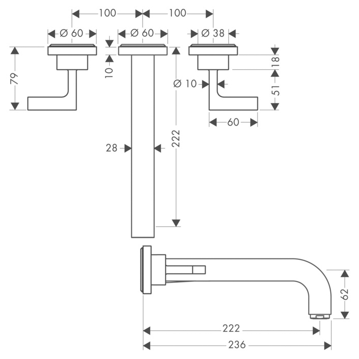 AXOR смеситель для раковины, на 3 отверстия, скрытого монтажа, с изливом 222 мм, Citterio, хром арт. 39147000
