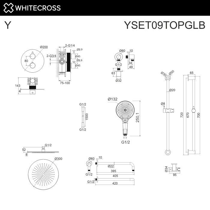 Термостатическая душевая система скрытого монтажа, Whitecross Y gold, брашированное золото арт. YSET09TOPGLB